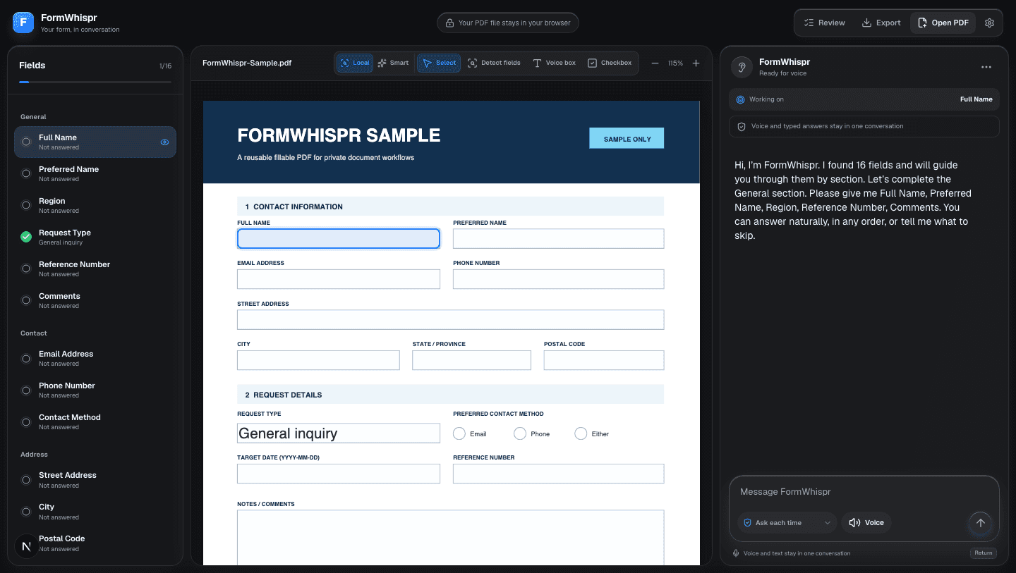 The FormWhispr workspace showing a PDF, its detected fields, and the conversation panel side by side